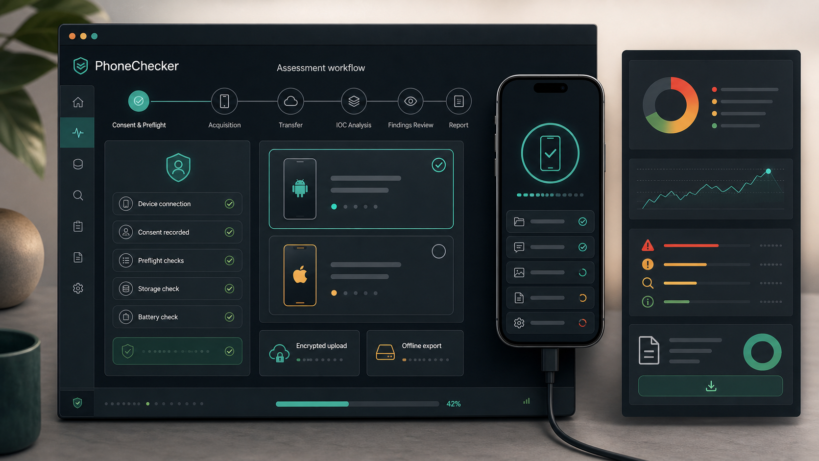 PhoneChecker collector workflow with a connected device and analysis panels